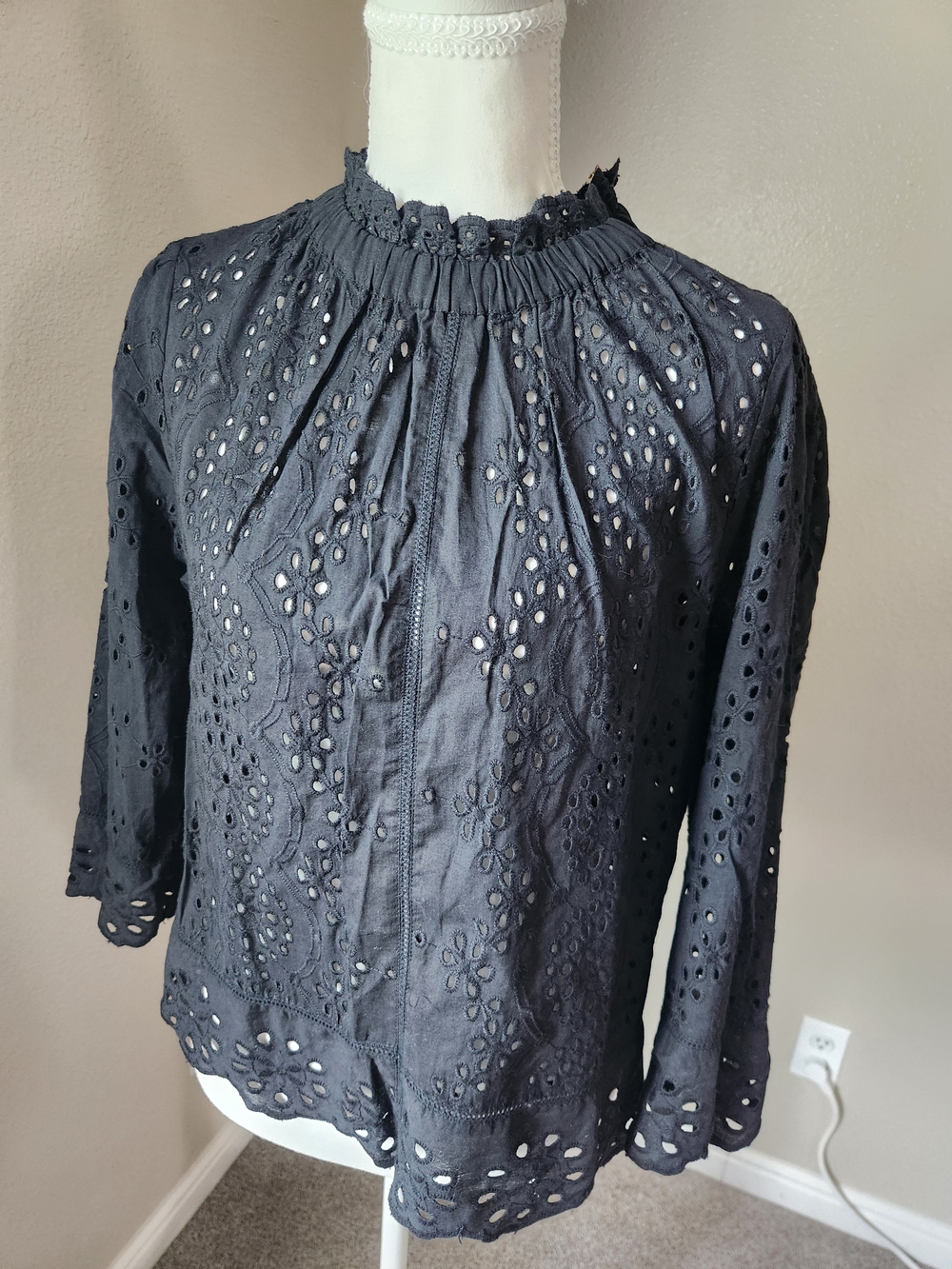 Black Eyelet Ruffled-Neck Blouse